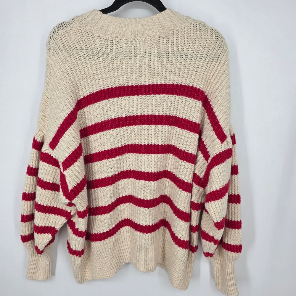 Old Navy Womens 3X Striped Shaker-Stitch Balloon Sleeve Sweater‎ Cream Red Knit - Picture 4 of 4